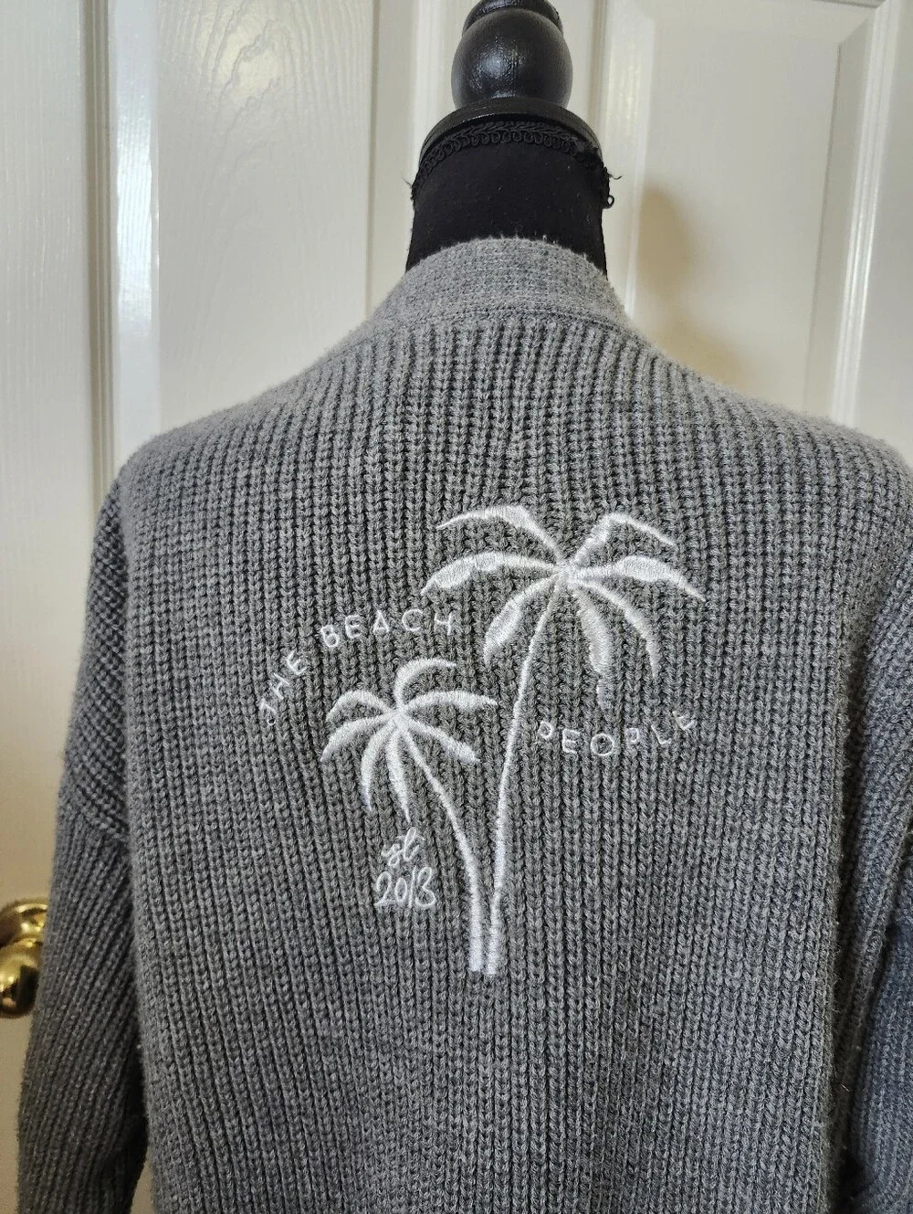 The Beach People Cozy Grey Knit Cardigan with Palm Embroidery